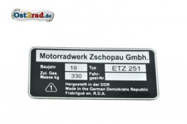 Typový štítek MZ ETZ 251 Motorradwerk Zschopau Gmbh