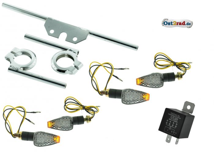 LED blinkr sada  Simson S50 S51 čirý, přerušovač, držák, homologace
