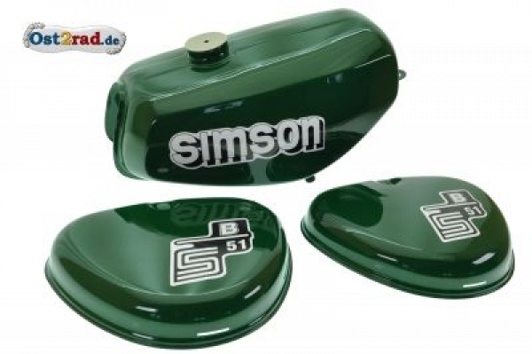 Sada nádrž kastlíky Simson S51 tmavě zelená biliard, utěsněná s nálepkou Simson, horší kvalita